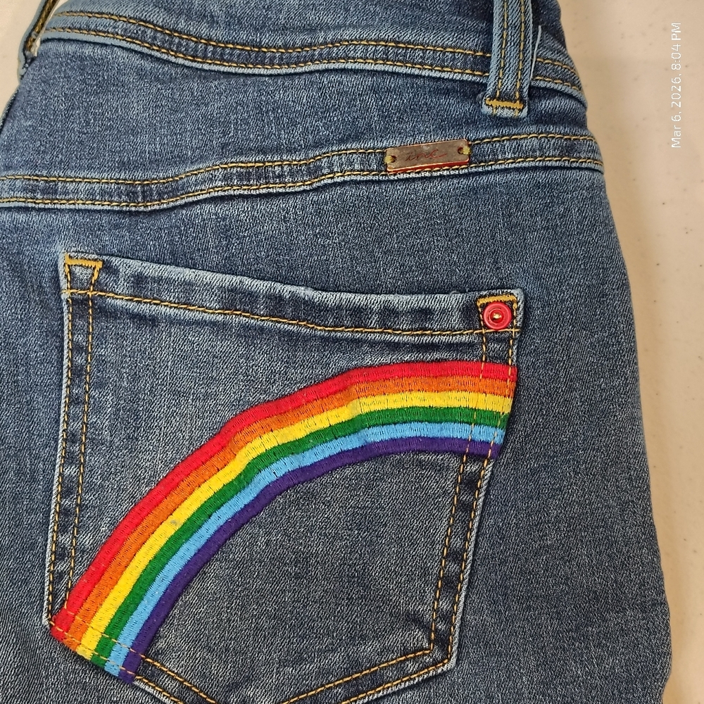 INC Rainbow Fringe Cropped Skinny Jeans Indigo Denim Women's Size 6 RAW HEM